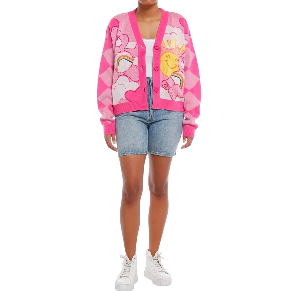 Care Bears x Skinnydip Cheer Bear Pink AOP Heart Cardigan Womens Small